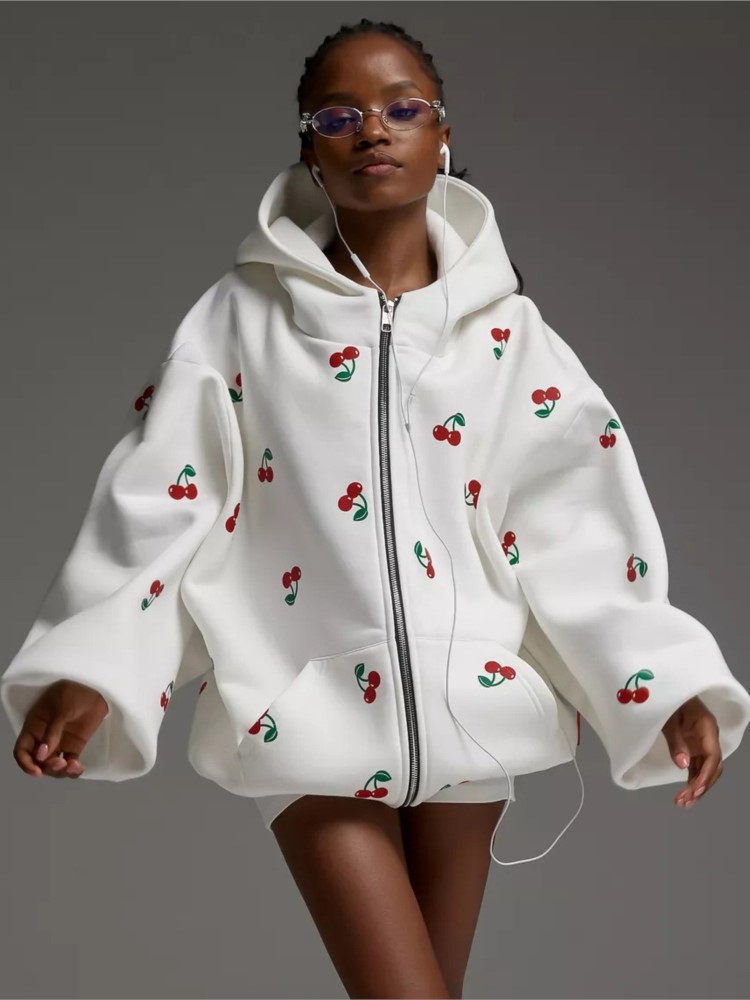 Streetwear Brand Hoodies - Feminino cereja impresso moletom jaqueta 2025